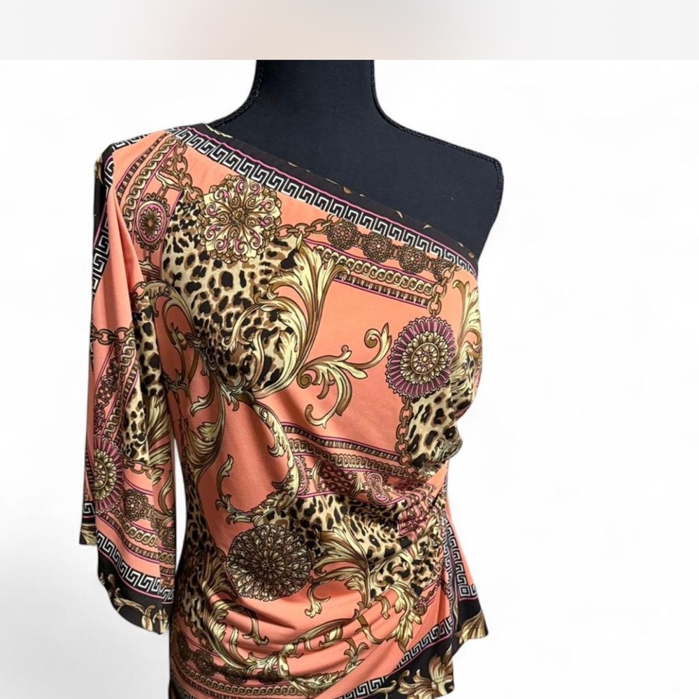 Cache One-Shoulder Animal Print Top in Orange and Gold